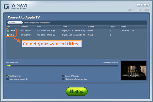 Convert bluray to apple tv with WinAVI Blu-ray ripper - screenshot