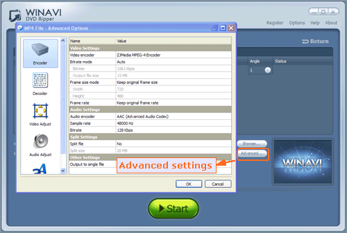 Do advanced setting for ripping DVD to MP4 format - screenshot