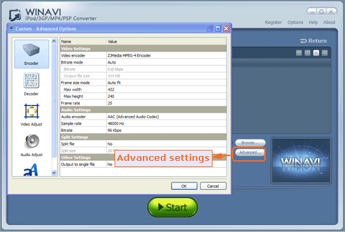 Advanced settings for avi to psp conversion