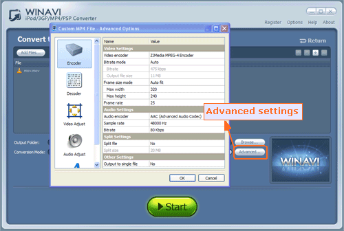 Advanced settings for mov to mp4 conversion.