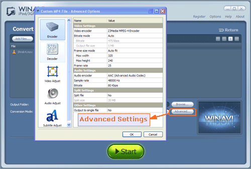 convert a file to MP4 - advanced option screenshot