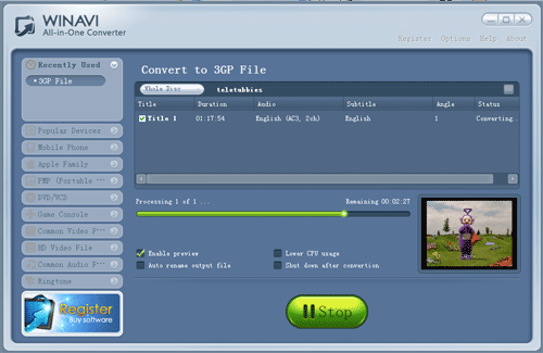convert dvd to 3gp with WinAVI All-In-One converter - screenshot