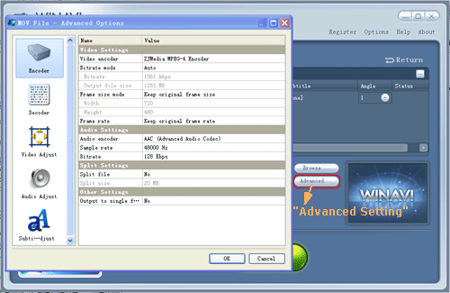 dvd to mov  conversion advanced settings - screenshot