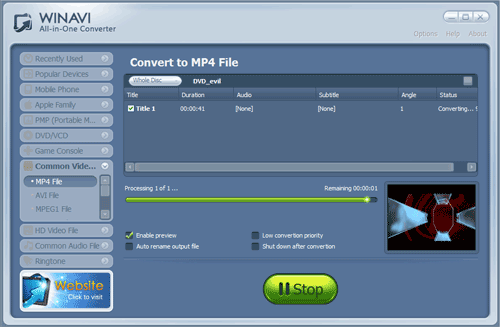WinAVI All-In-One converter convert dvd to mp4 - screenshot