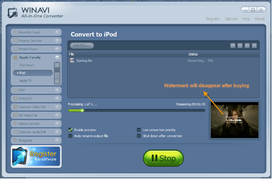 WinAVI All-In-One Video convert flv to iPod - screenshot