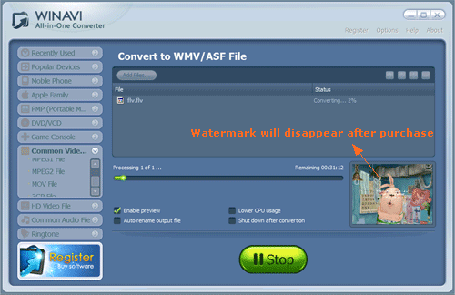 converting flv to wmv with WinAVI All In One Converter -screenshot 