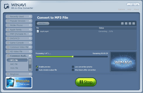 WinAVI All-In-One convert mp4 to mp3 - screenshot