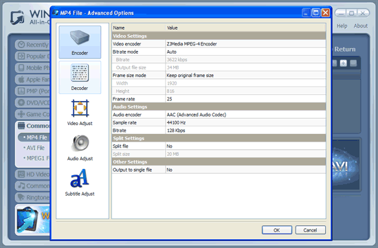 WinAVI All-In-One Video wmv to mp4 conversion advanced setting - screenshot