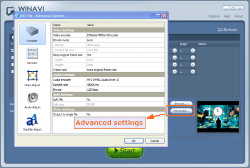 adavnced settings for bluray to avi conversion - screenshot