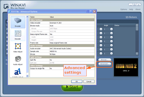 advanced settings for converting bluray to flash flv video  - screenshot