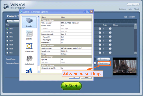 Advanced settings for using  WinAVI Blu-ray ripper to convert bluray to ipad - screenshot