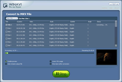Convert bluray to mkv with WinAVI Blu-ray ripper - screenshot