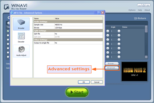 advanced settings for converting bluray to mp3 - screenshot