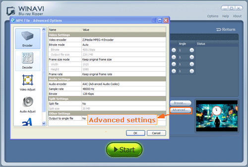 bluray to mp4 conversion advanced setting - screenshot