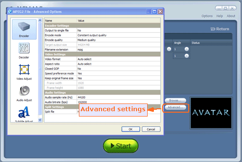 advanced settings for ripping and converting bluray to mpeg2 - screenshot