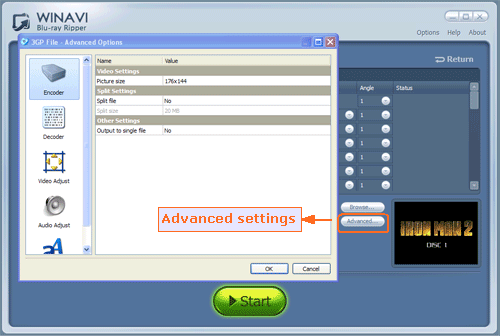advanced settings for ripping bluray to 3gp - screenshot