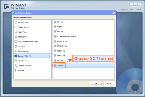 load bluray  file to rip bluray to 3GP video format - screenshot