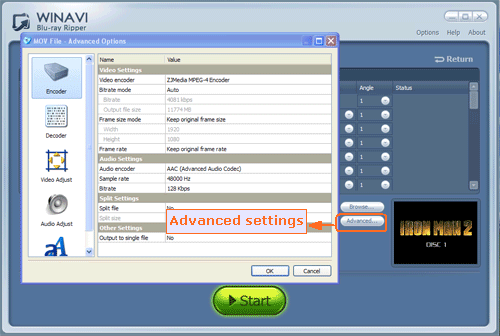 advanced settings for converting bluray to mov format - screenshot