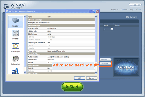 Do advanced setting for ripping DVD to MKV format - screenshot