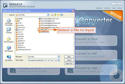 Select video fiels to convert to 3gp with WinAVI 3GP converter - screenshot