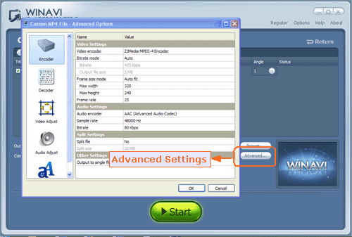 Set advanced settings for DVD to MP4 conversion