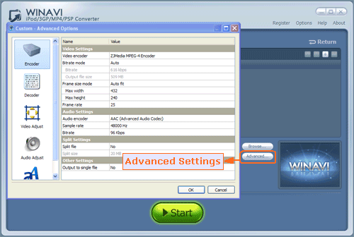 Advanced settings for RM and RMVB to PSP conversion