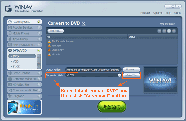 keep the default coversion mode 'DVD'