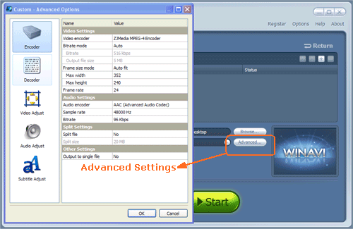 Advanced settings for avi to ipod conversion - screenshot