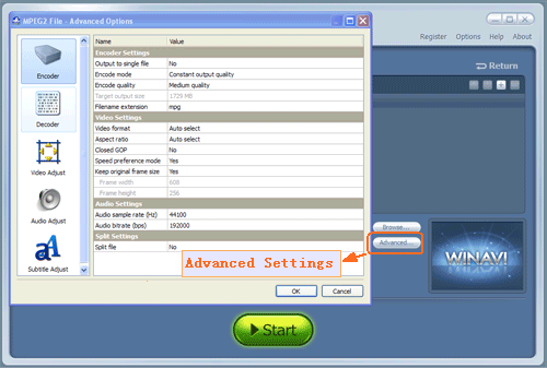 Advanced settings for avi to mpeg conversion - screenshot