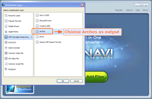 Choose Archos as output for DVD to Archos conversion - screenshot