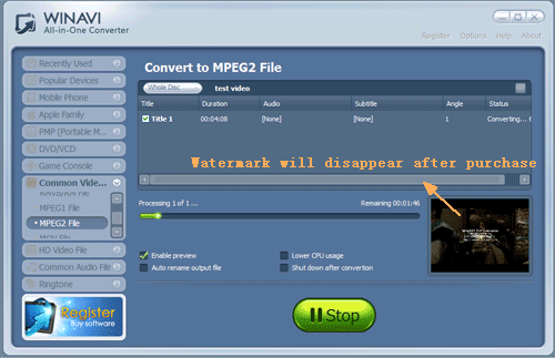 convert dvd to mpeg2 with WinAVI All In One converter - screenshot