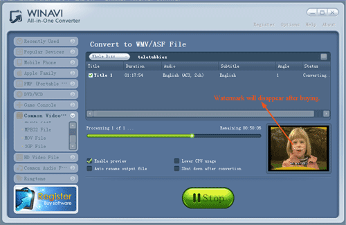 convert dvd to wmv with WinAVI All-In-One converter - screenshot