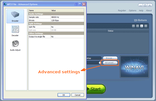 Do advanced settings for flv to mp3 conversion - screenshot