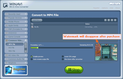 converting flv to mp4 with WinAVI All In One Converter -screenshot 