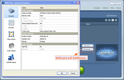 Do advanced settings for flv to wmv conversion - screenshot