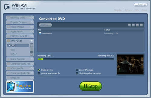 Convert avi to dvd with WinAVI All In One converter - screenshot