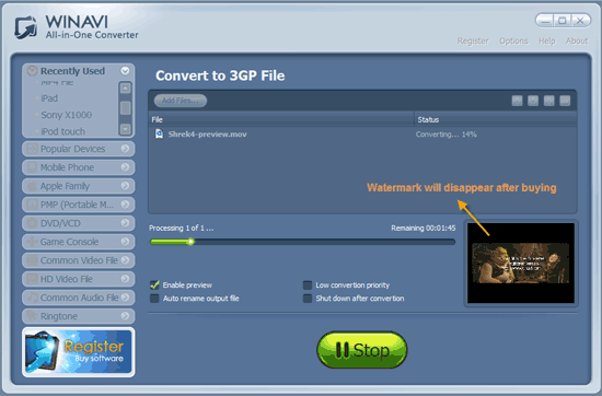 WinAVI All-In-One Video convert mov to 3gp - screenshot