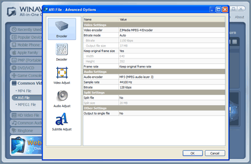 WinAVI All-In-One Video mp4 to avi conversion advanced setting - screenshot
