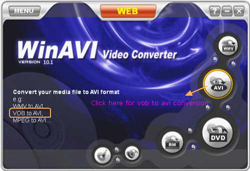 video converter interface for vob to avi conversion - screenshot 