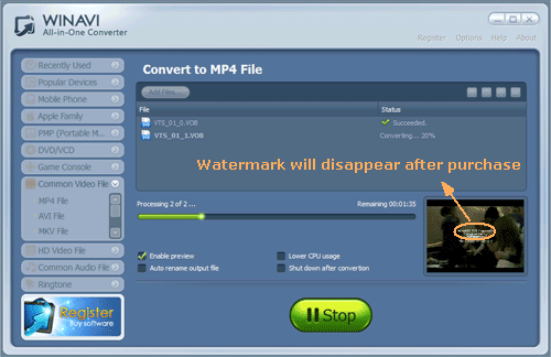 convert vob to mp4 with WinAVI All-In-One converter - screenshot