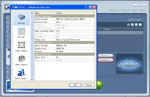 WinAVI All-In-One converter advanced settings - screenshot