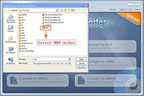 choose your selected wmv file to input program - screenshot