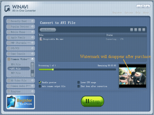 convert wmv to avi with WinAVI All In One converter - screenshot